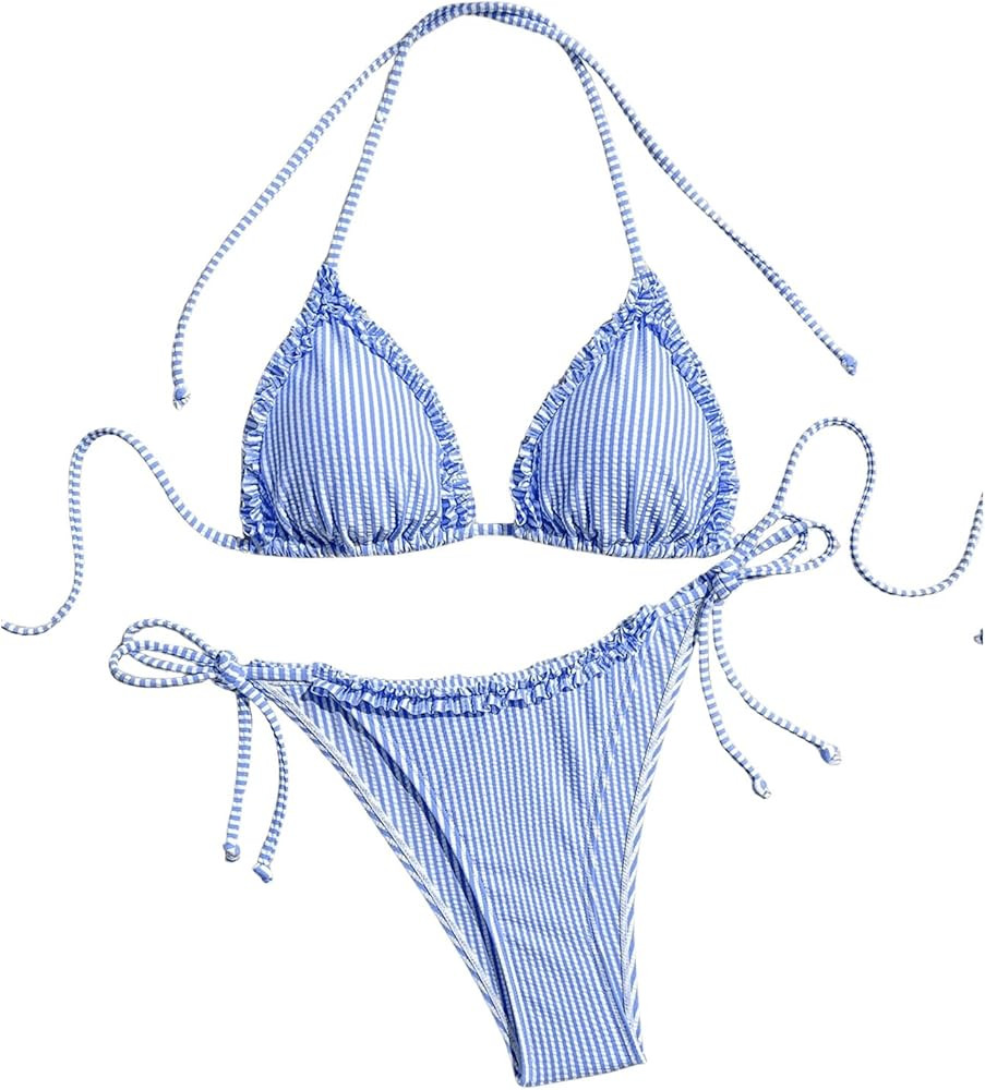 Verdusa Women's 2 Piece Striped Halter String Cute Bikini Sets Swim Suits Cheeky Triangle Bathing... | Amazon (US)