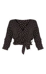 Gretta Black Woven Polka Dot Wrap Tie Blouse | PrettyLittleThing UK