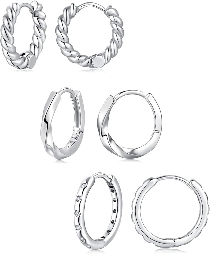 GULICX 3 Pairs Sterling Silver Small Hoop Earrings Set Cubic Zirconia Cuff Earrings, Tiny Cartila... | Amazon (US)