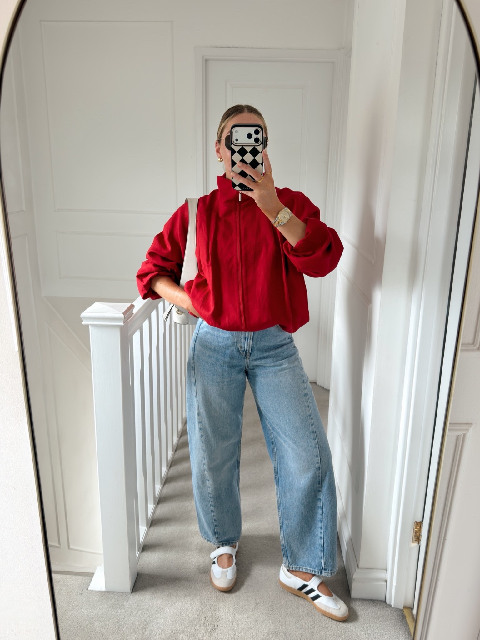 Casual outfit with red funnel neck jacket (size 8) and adidas Samba Jane

#LTKjeans #LTKstyletip #LTKsummer