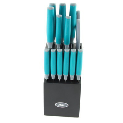 Oster Lindbergh 14 Piece Stainless Steel Cutlery Set in Teal with Wooden Block | Target