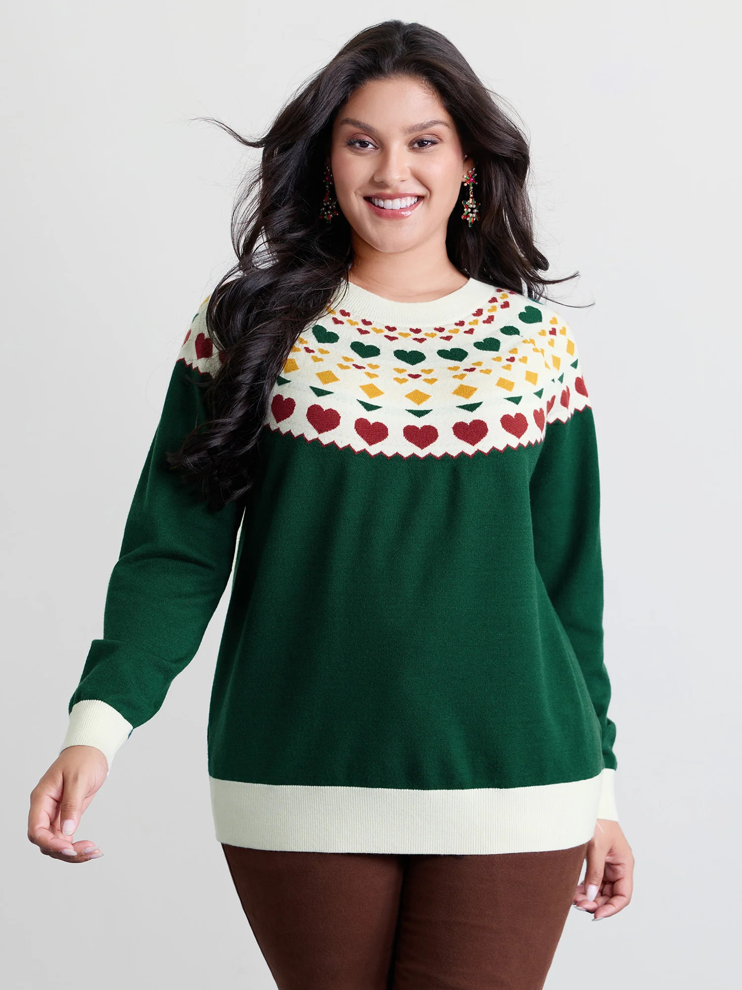 Colorful Heart Jacquard Round Neck Pullover | Bloomchic