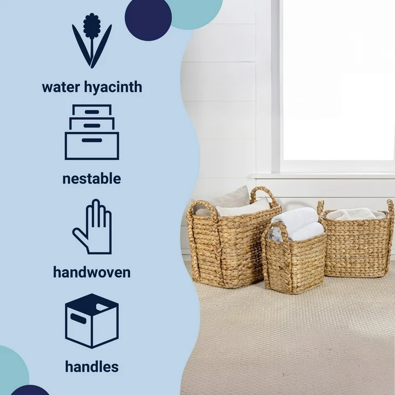 happimess BSK2001A-3SET Clara Farmhouse Classic Handwoven Hyacinth Rectangle Storage Floor Basket... | Walmart (US)