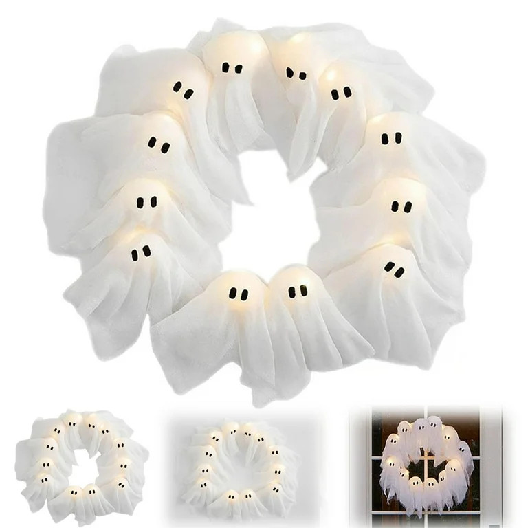 Halloween Ghost Wreath, Pre-Assembled Light-up Ghost Garland Front Door Hanging Decoration for In... | Walmart (US)