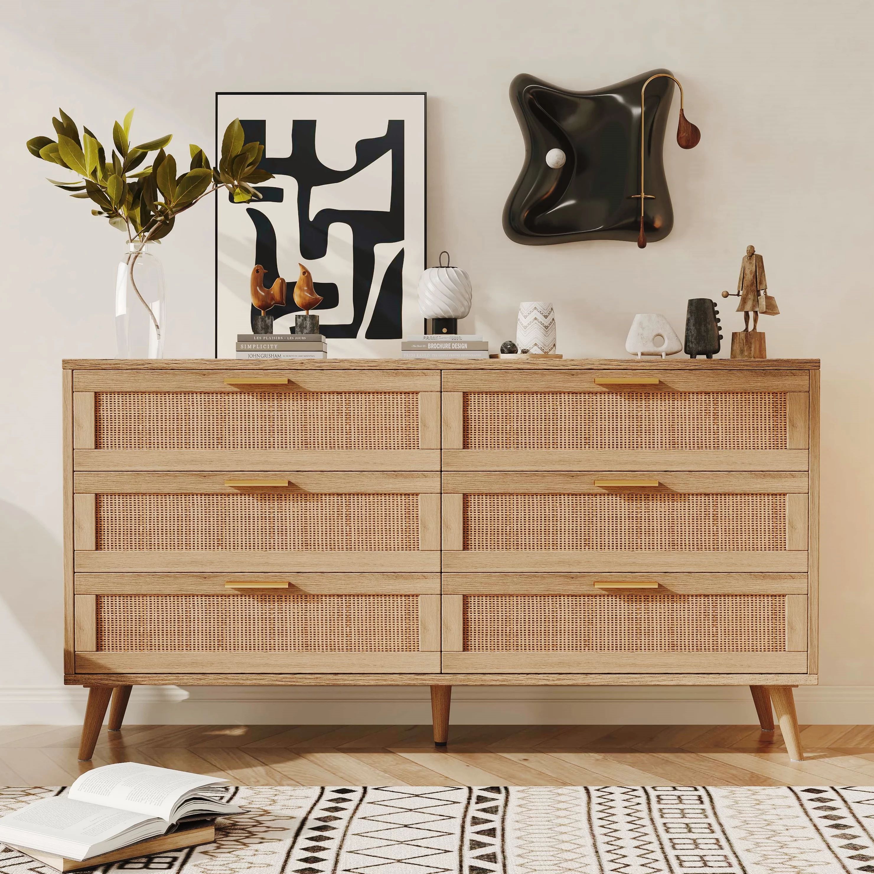 Rovaurx 6 Drawer Double Dresser Chest, Bedroom Chest of Dressers, Rattan Beside Table, Natural | Walmart (US)