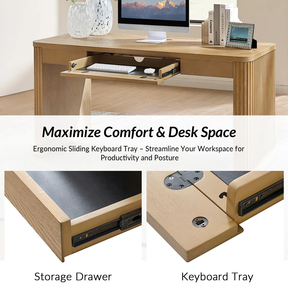 Kaybri Aranza 60”W Solid Wood Base Fluted Desk with Cable Management and Power Outlets | Wayfair North America