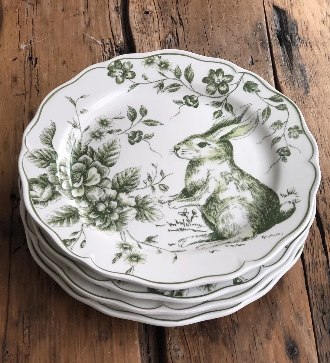 Maxcera GREEN Toile Easter Bunny Rabbit Scalloped SALAD Plates ~ Set of 4 ~ New  | eBay | eBay US