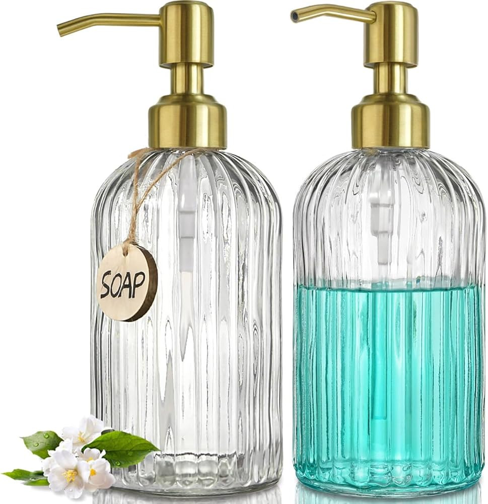 JASAI 2PACK 18Oz Fluted Glass Soap Dispenser with Golden Rust Proof Pump, Refillable Kitchen soap... | Amazon (US)