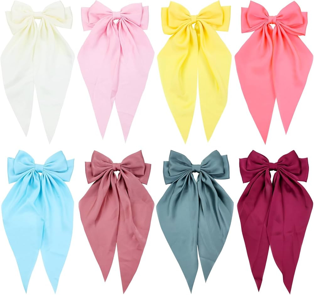 Cinaci 8 Pieces Long Tail Silky Satin Big Bow Hair Clips Barrettes for Women Girls Teens Kids | Amazon (UK)