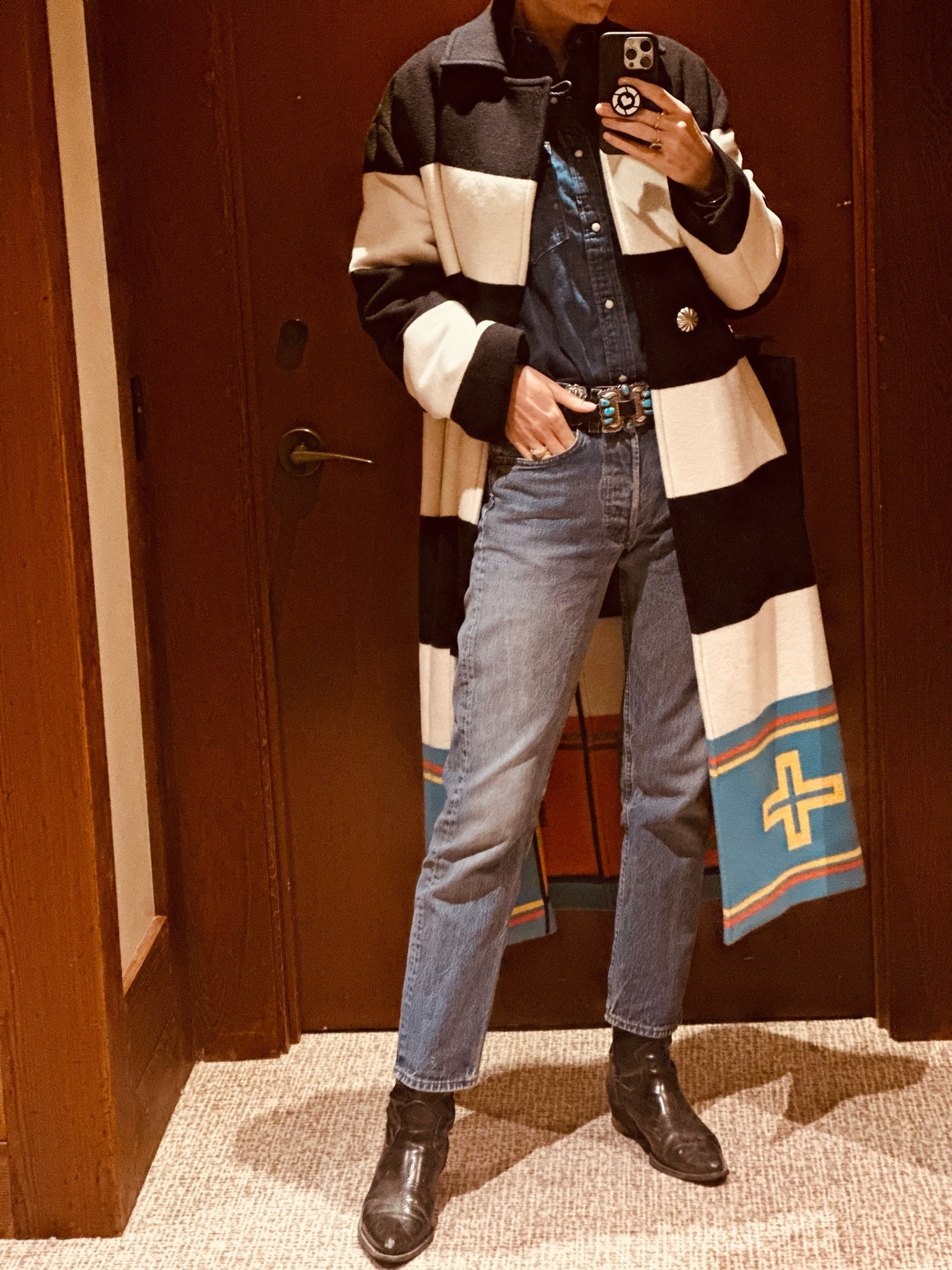 This wool coat is the star of the show. It’s from the Polo Ralph Lauren x Naiomi Glasses collection and the whole line is breathtaking. The collection honors Navajo heritage and weaving techniques. Naomi is a 7th generation textile artist and this coat is inspired by a saddle blanket weaving made by her. Such a special piece that I’ll keep in my wardrobe for years to come❤️

#LTKStyleTip #LTKTravel #LTKSeasonal