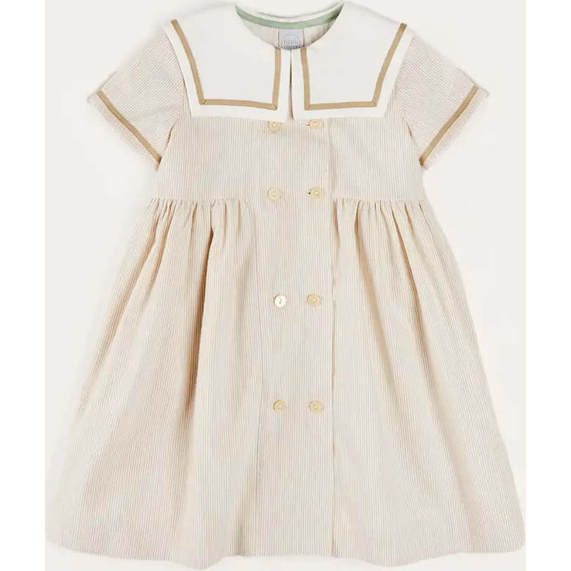 Waterford Striped Mariner Collar Double Breasted Short Sleeve Dress in Beige | Maisonette