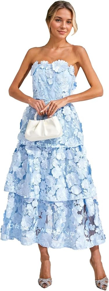 Women's 3D Floral Prom Dresses Sweetheart Strapless Tiered Formal Party Gowns A-Line Long for Wed... | Amazon (US)