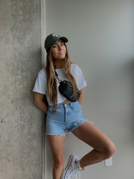 casual outfit, running errands outfit, style inspo, denim shorts outfit, converse, styling basic tee, baseball hat outfit, cute casual ootd, basic style, easy style