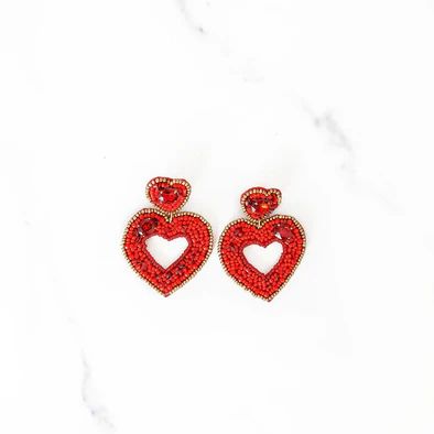 Red Beaded Open Heart Earrings | Golden Thread