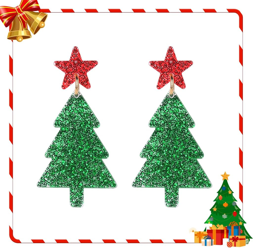 Christmas Wreath Dangle Earrings With Bell: Green Festive Earrings For | Amazon (US)