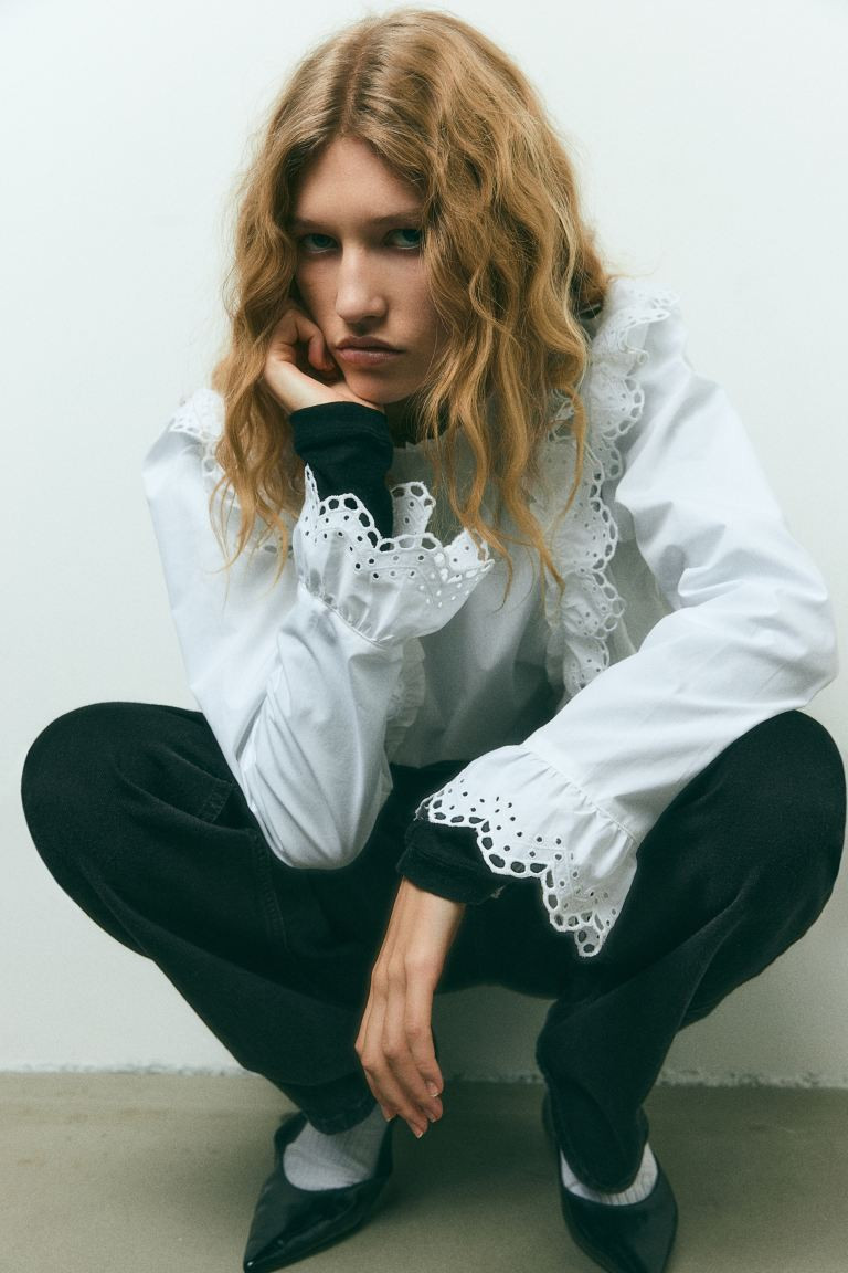 Ruffled Blouse with Eyelet Embroidery Details - White - Ladies | H&M US | H&M (US + CA)