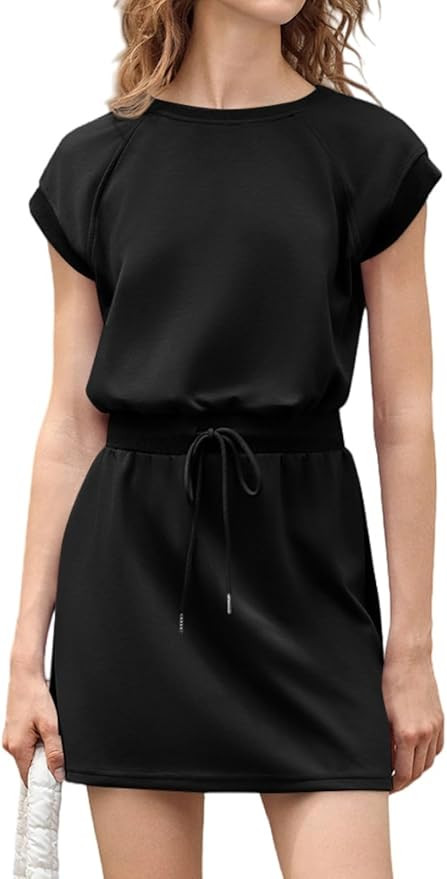 Fisoew Womens Summer Athletic Dress Drawstring Cap Sleeve Crewneck Casual Active Tennis Dresses | Amazon (US)