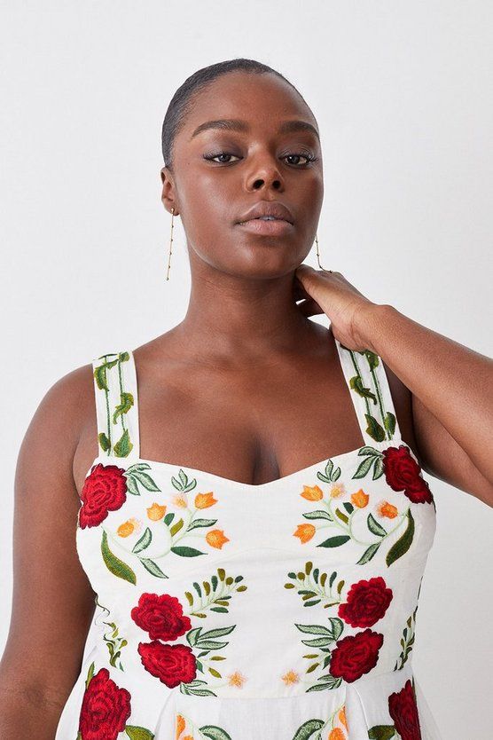 Plus Size Rose Embroidered Cotton Organdie Midi Dress | Karen Millen UK + IE + DE + NL