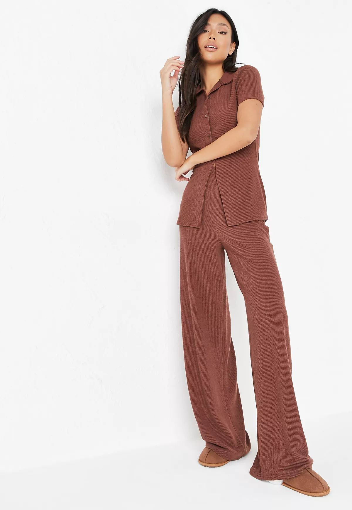 Chocolate Co Ord Crinkle Rib Wide Leg Pants | Missguided (US & CA)