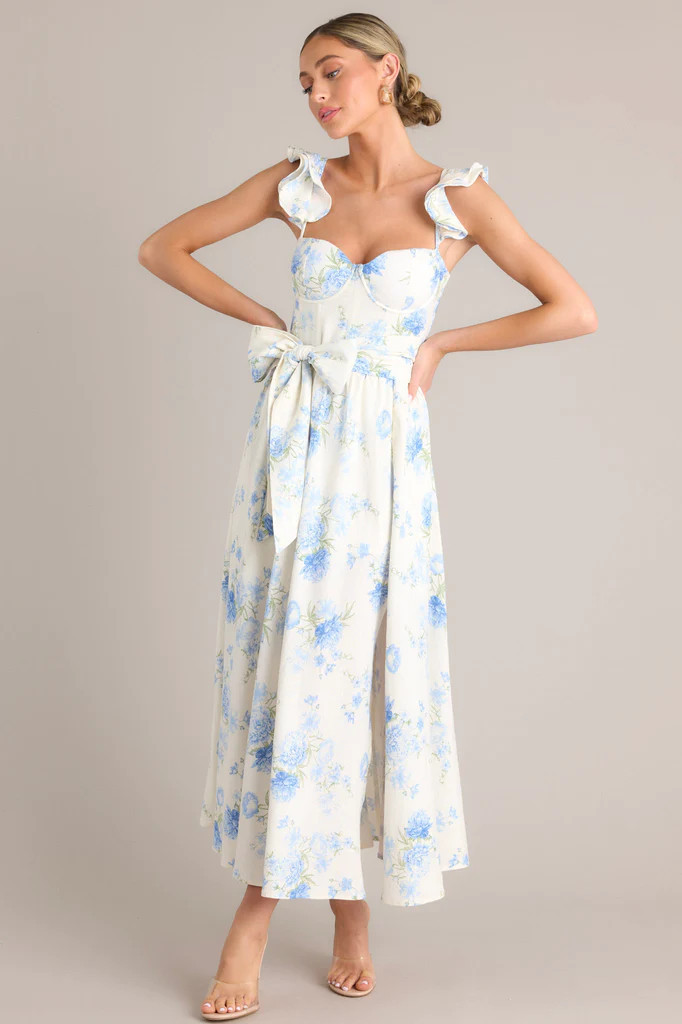 Porcelain Bloom Ivory Floral Bustier Midi Dress (BACKORDER JULY) | Red Dress