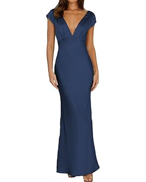 Halfisland Womens Summer Satin V Neck Cap Sleeve Backless Maxi Dress Elegant Twist Cut Out Midi D... | Amazon (US)