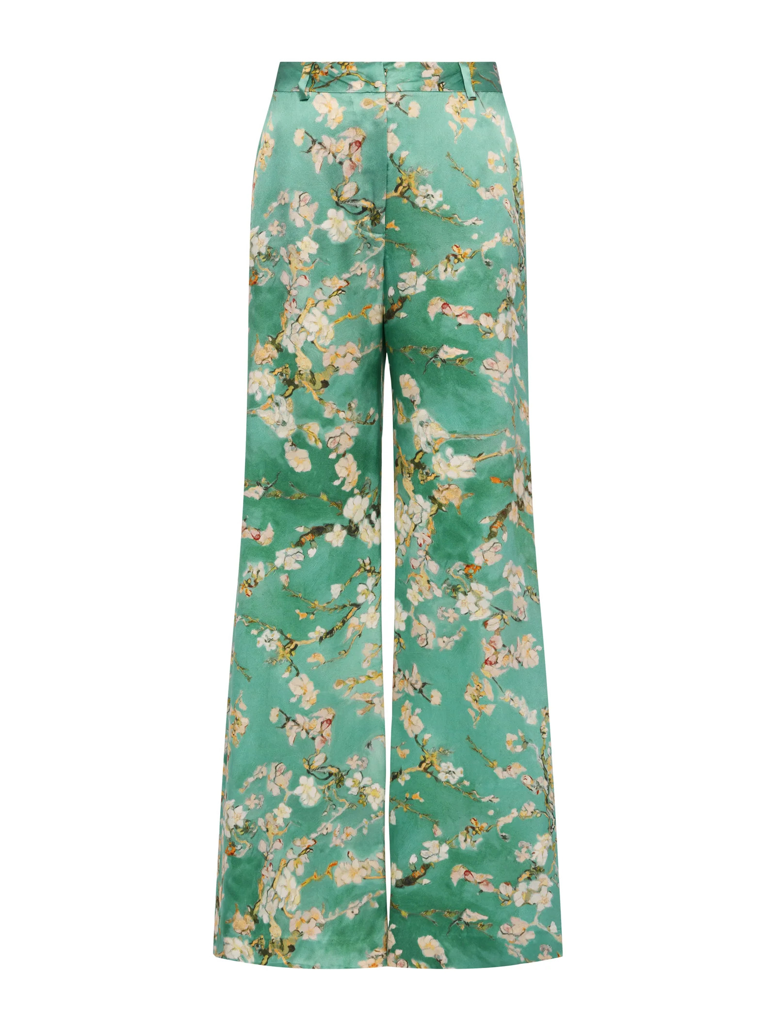 L'AGENCE - Pilar Silk Wide-Leg Pant in Teal Multi Watercolor Cherry Blossom | L'Agence