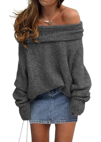 PRETTYGARDEN Women's Off The Shoulder Sweater Long Sleeve Tops 2025 Fall Loose Knit Pullover Sweaters Winter Clothes (Dark Grey,Medium) | Amazon (US)