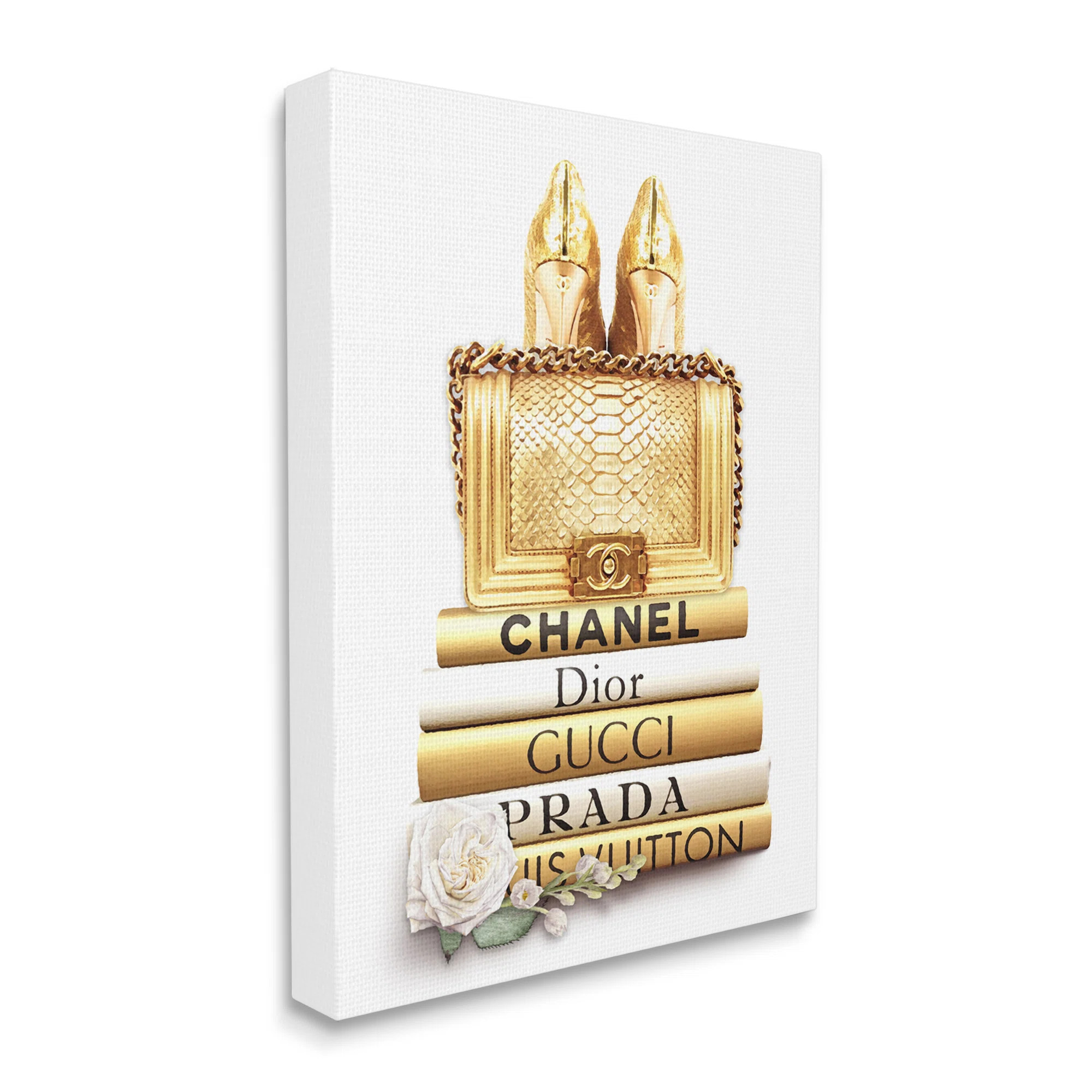 Divine Golden Fashion Purse on Glam Designer Bookstack Stretched Canvas Wall Art by Ros Ruseva | Wayfair North America