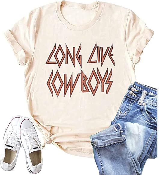 Long Live Cowboys Shirts Women Western Vintage Graphic Tees Funny Letter Print Country Music Tshi... | Amazon (US)