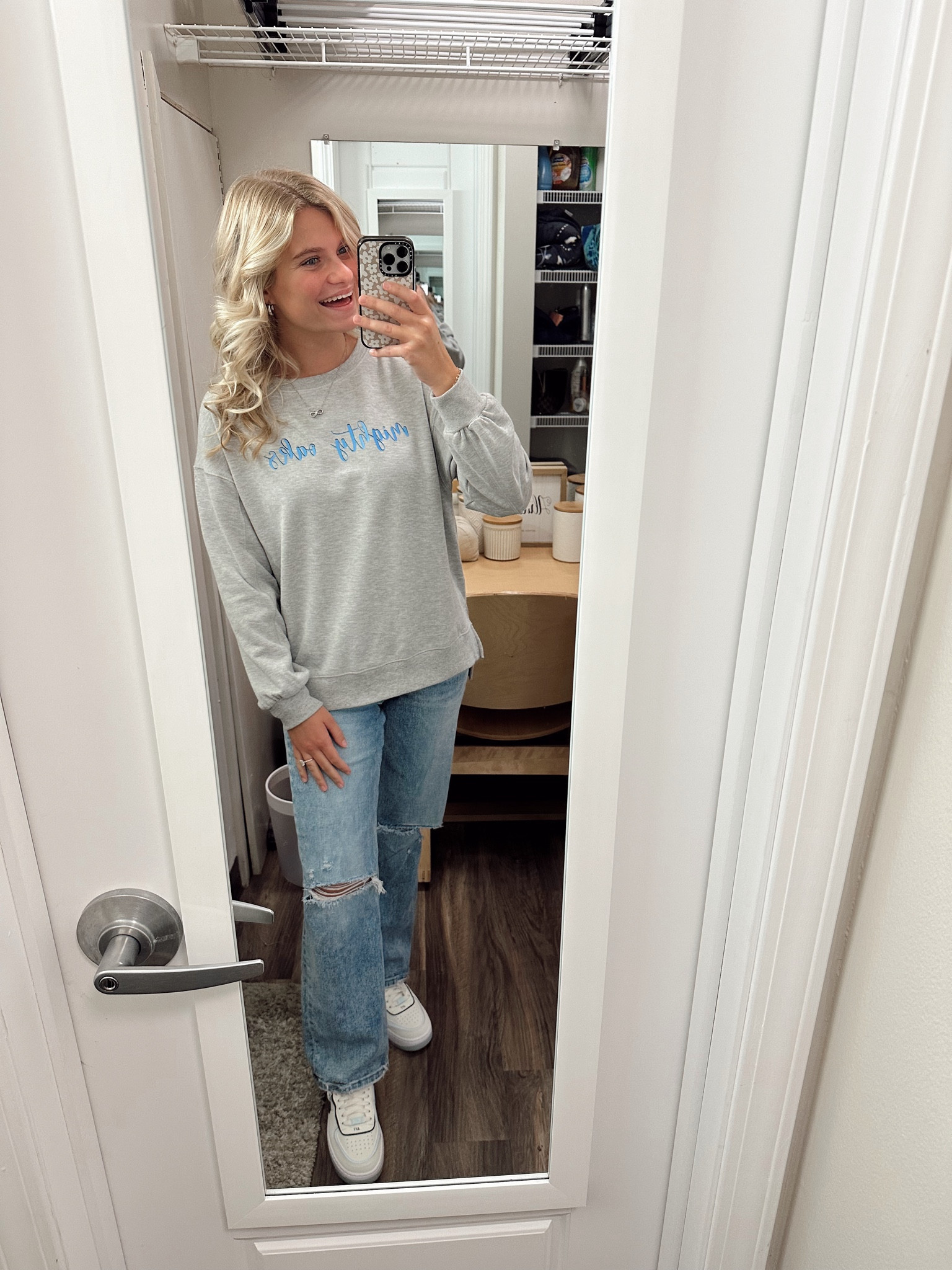 Sweatshirt is homemade, jeans are flying monkey, shoes are Nike, and all jewelry is linked! 