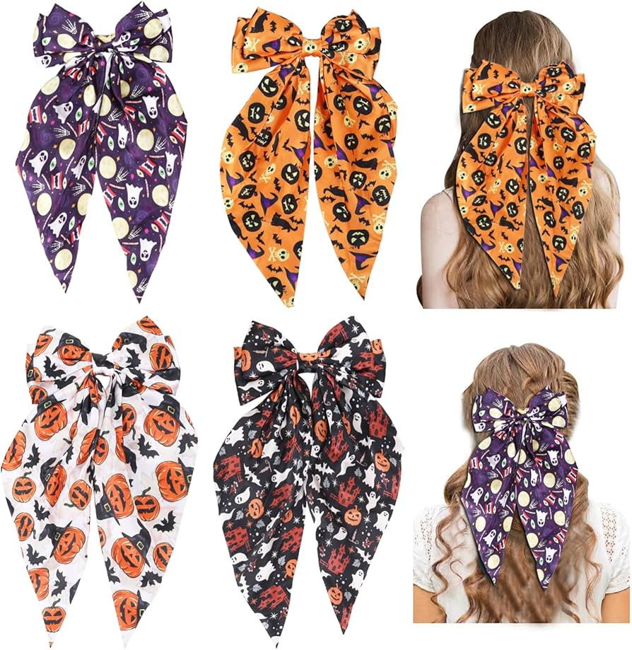 Halloween Silky Satin Hair Bows for Women,Big Ribbon Bow Hair Clips for Girls, Oversized Long Tai... | Amazon (US)