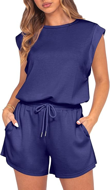 GRECERELLE Rompers For Women 2026 Summer Cap Sleeve Adjustable Drawstring Waistband Cozy Lounge S... | Amazon (US)