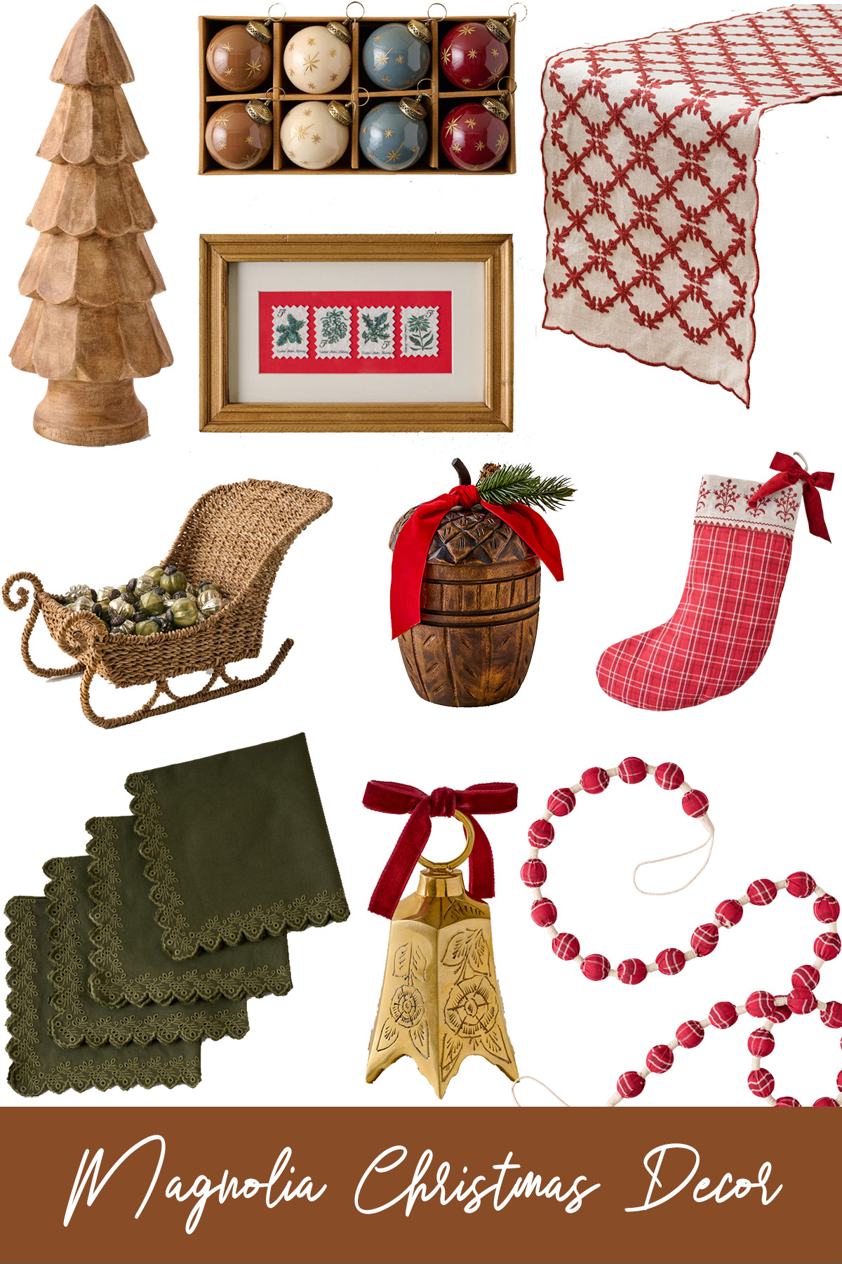 Magnolia Christmas Decor

Magnolia is known for their aesthetic of refined rustic charm. These Christmas pieces feature antique-inspired color palette of deep reds, muted greens, creams, and natural wood tones. Key items include the carved wooden Christmas tree figure, the wicker/straw sleigh carrying mossy ornaments, and the large, distressed brass bell. The decorative pieces, like the framed vintage-style postage stamps, lean into a highly curated, heritage feel. 

 #LTKHoliday #LTKSeasonal #LTKHome