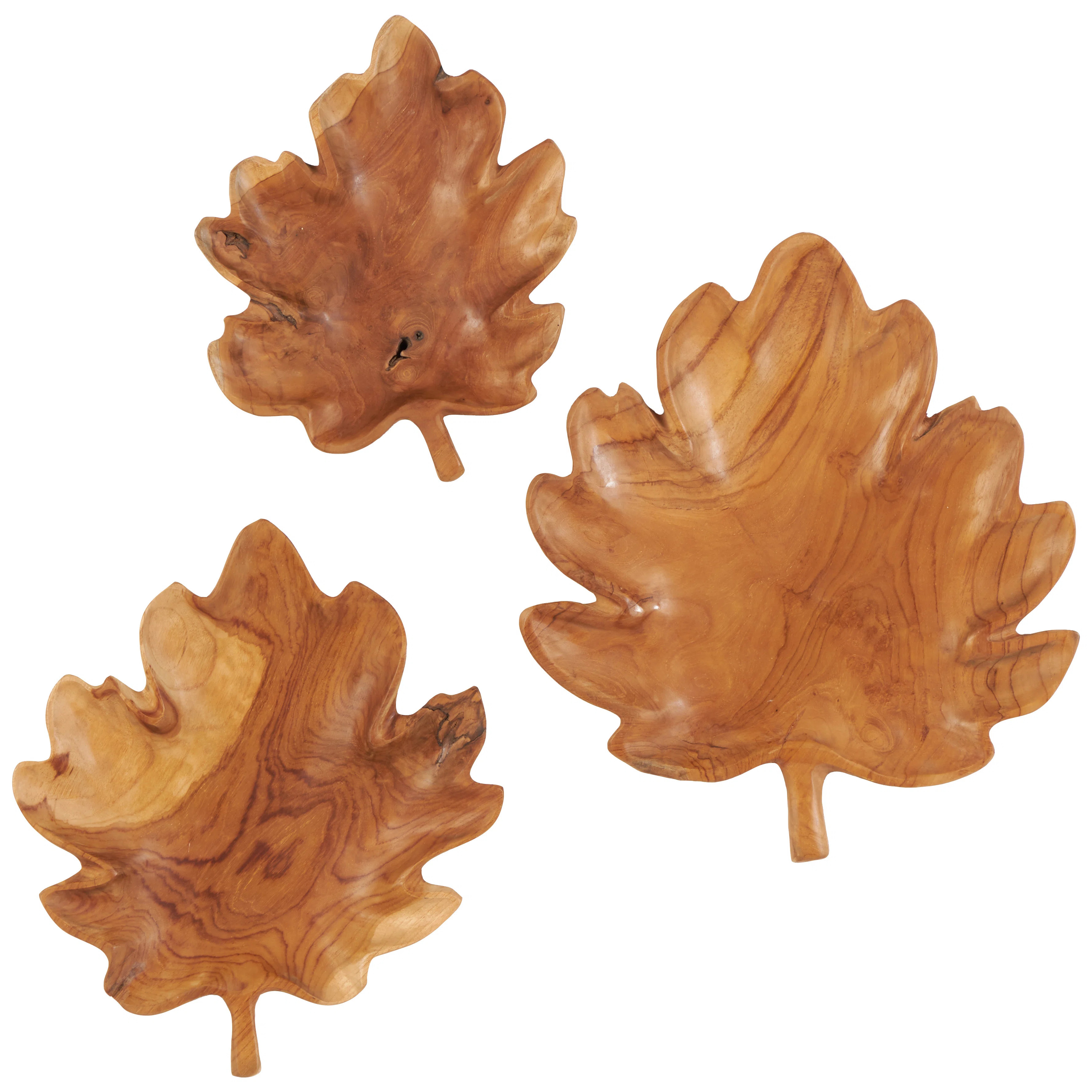 Elser Teak Wood Handmade Carved Leaf Decor Brown Tray Set | Wayfair North America