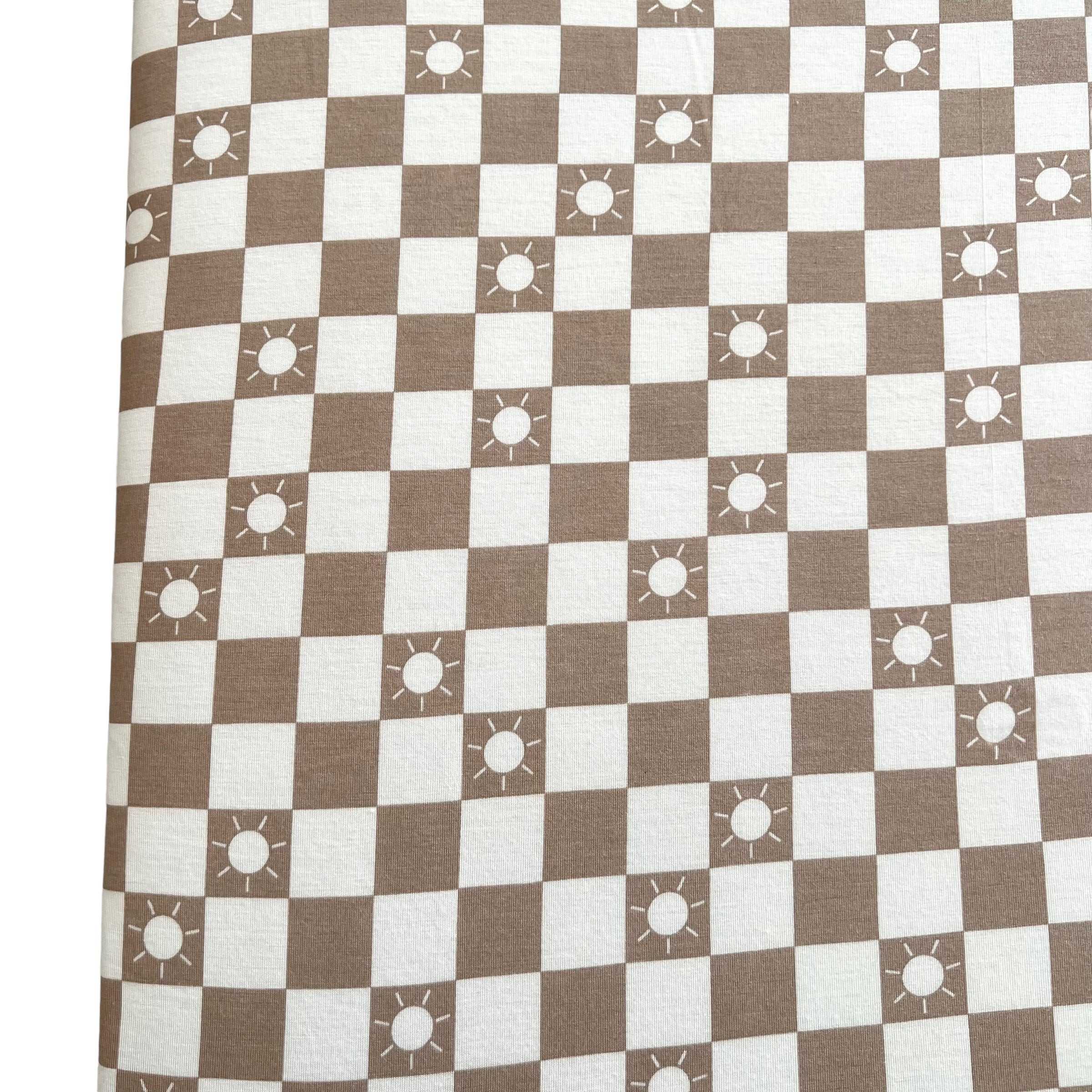 Stretch Mini Crib Sheet, Tan Sun Checkerboard | SpearmintLOVE