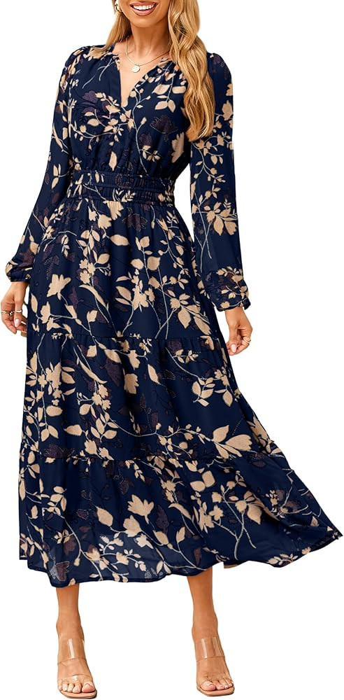 Simplee Women's Floral Boho Long Sleeve Maxi Dress V Neck Empire Waist Swing Flowy Wedding Guest ... | Amazon (US)