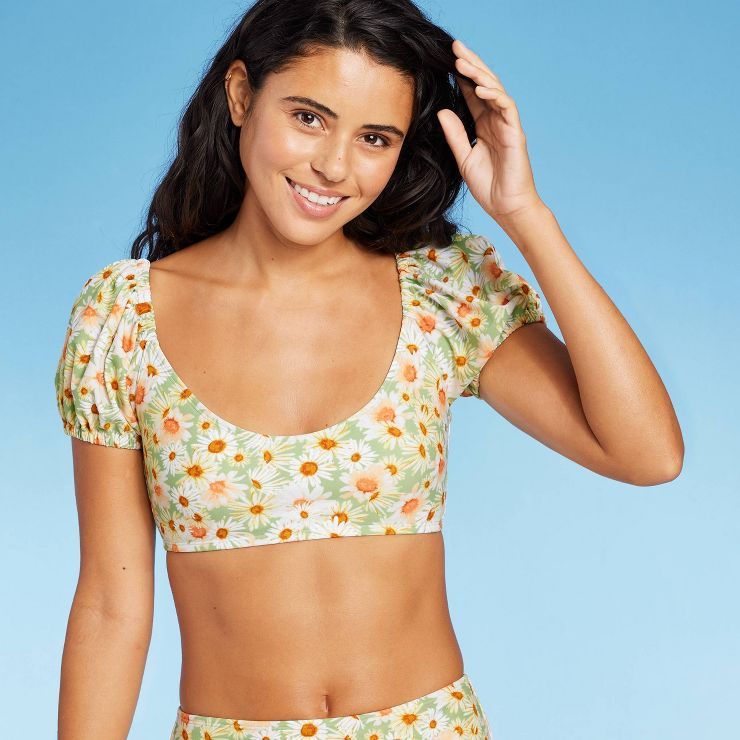Women's Puff Sleeve Bikini Top - Wild Fable™ Green Daisy Print | Target