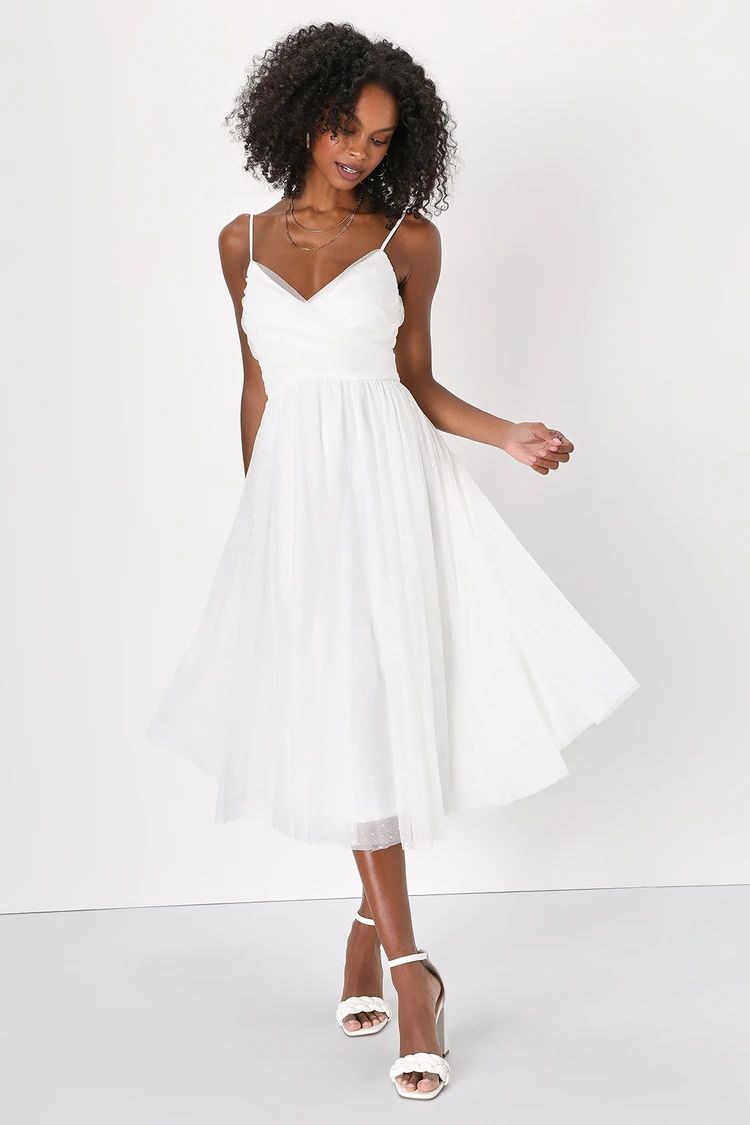 Sweet Serenade White Tulle Swiss Dot Surplice Midi Dress | Lulus (US)