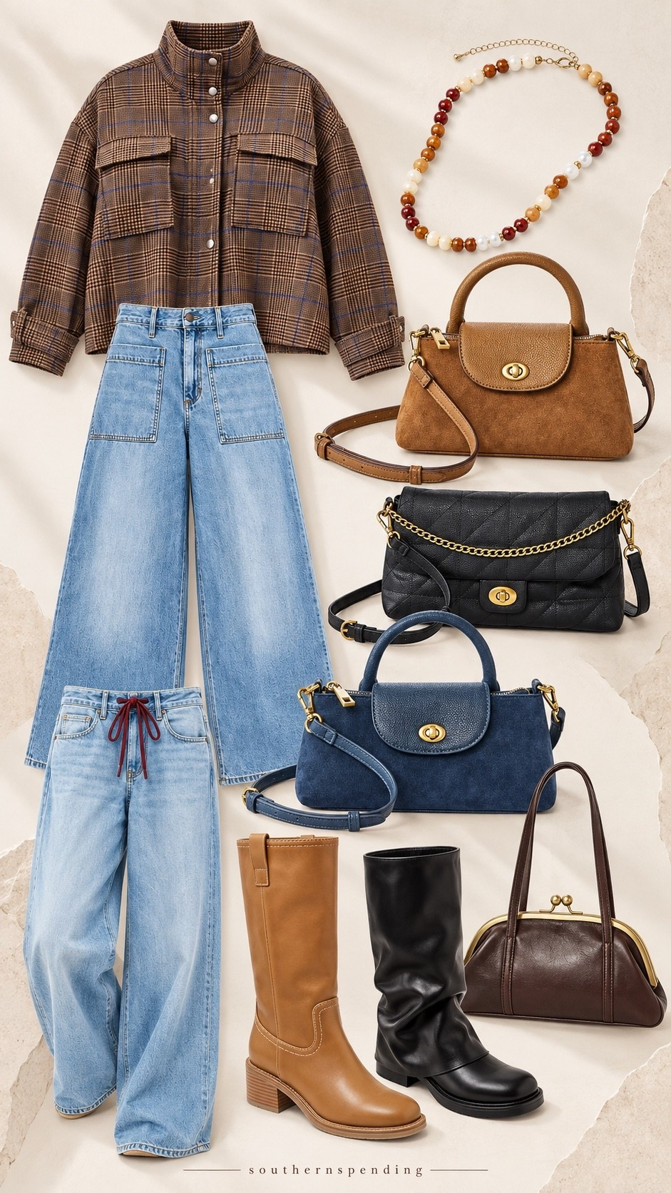 New fall styles from Target. Casual but trending jeans, handbags, and plaid jacket.
