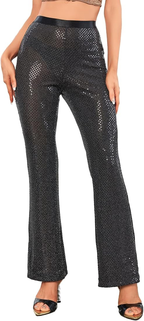 WDIRARA Women's Glitter Flare Leg Pants Elastic High Waist Casual Long Pants Trousers | Amazon (US)
