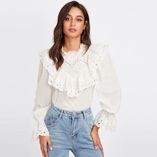 Eyelet Embroidered Ruffle And Bell Cuff Blouse | SHEIN