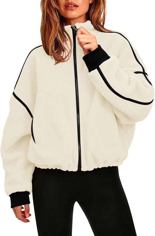 QINSEN Women Fleece Jacket Cropped Full-Zip Up Sherpa Jackets Warm Stand Collar Outerwear with Po... | Amazon (US)