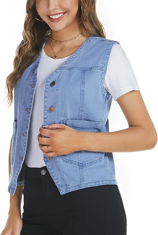 Ladyful Women's Sleeveless Denim Vest V Neck Button Down Jean Waistcoat Jacket | Amazon (US)