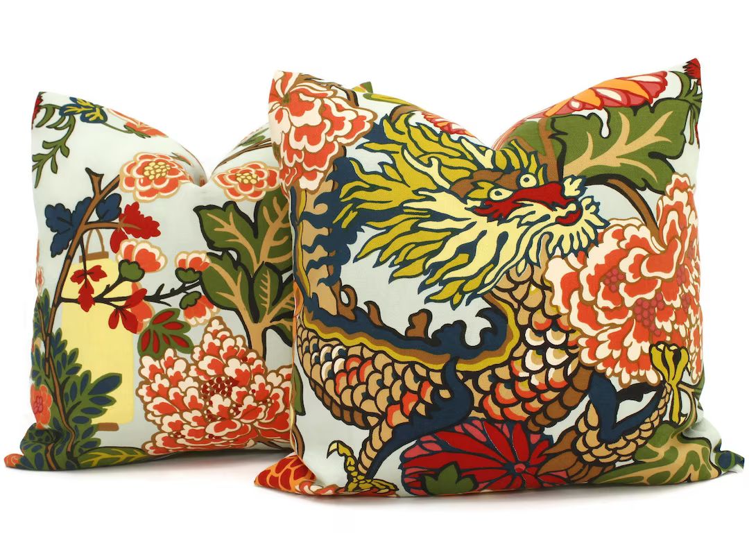 Pair of Aqua OUTDOOR Schumacher Chiang Mai Dragon Decorative Pillow Covers, Toss Pillow, Accent P... | Etsy (US)