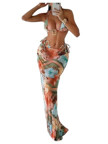 WDIRARA Women's 3 Piece Floral Halter Bikini Set Ring Linked Leopard Print Swimsuit with Coverup ... | Amazon (US)