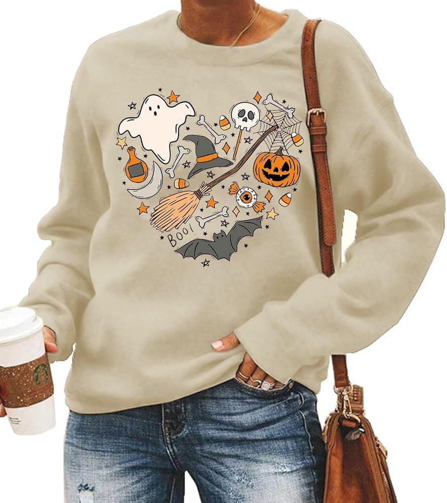 FCHICH Halloween Doodles Sweatshirt Women Cute Vintage Graphic Halloween Party Tshirt Casual Long... | Amazon (US)