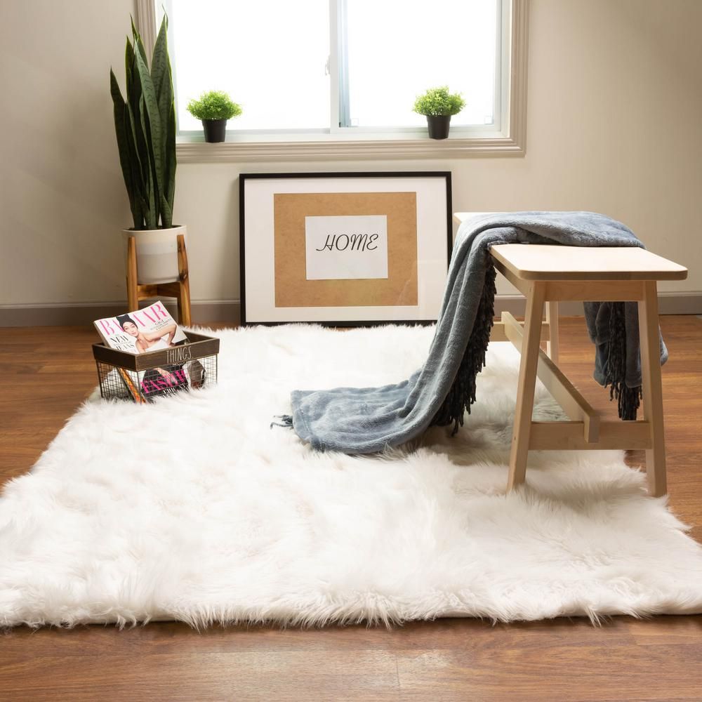 Super Area Rugs Serene Silky Faux Fur Fluffy Shag Rug Snow White 8' x 10' | The Home Depot