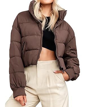 MEROKEETY Women's Winter Cropped Puffer Jacket Long Sleeve Oversized Stand Collar Zip-Up Short Do... | Amazon (US)