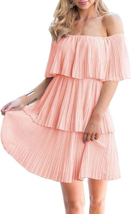 Soesdemo Women's Casual Off The Shoulder Sleeveless Tiered Ruffle Pleated Short Party Beach Dress | Amazon (US)