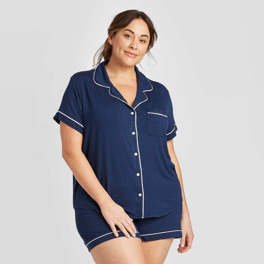 Women's Plus Size Beautifully Soft Short Sleeve Notch Collar and Short Pajama Set - Stars Above Navy | Target